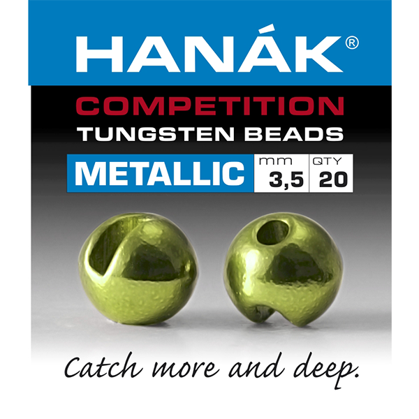 Hanak olive Metallic+ slotted tungsten beads for slim fast sinking trout nymph fly tying