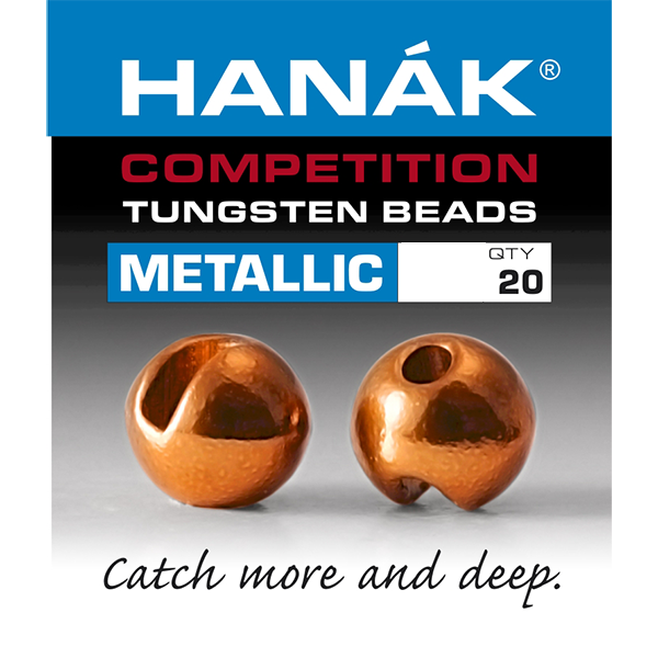 Orange Hanak Slotted Tungsten Beads Metallic+ for bright hot spot nymphs, Perdigons, and jig flies