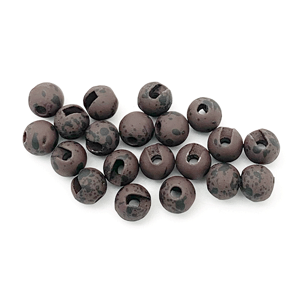 Mottled brown MFC slotted tungsten beads for realistic stonefly nymphs, jig flies, and Euro nymph patterns