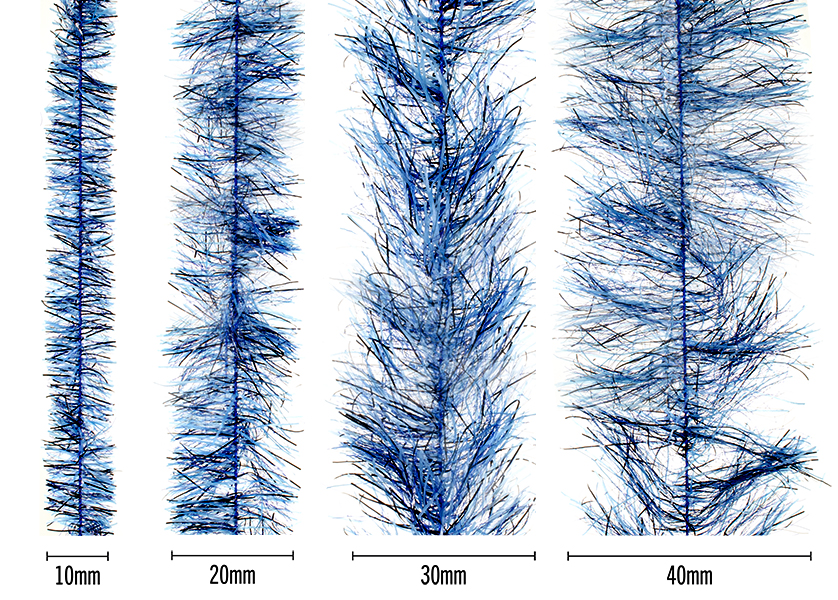 Senyo’s Speckled Chenille (Peppered Satin) – blue fly tying chenille size comparison 10mm, 20mm, 30mm, 40mm