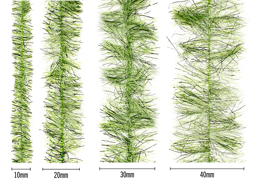 Senyo’s Speckled Chenille (Peppered Satin) – chartreuse speckled streamer chenille with black fleck, 10mm–40mm size chart