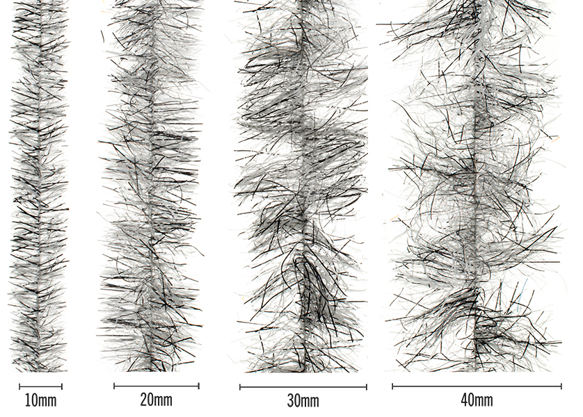 Senyo’s Speckled Chenille (Peppered Satin) – grizzly mottled fly tying chenille size comparison 10mm, 20mm, 30mm, 40mm