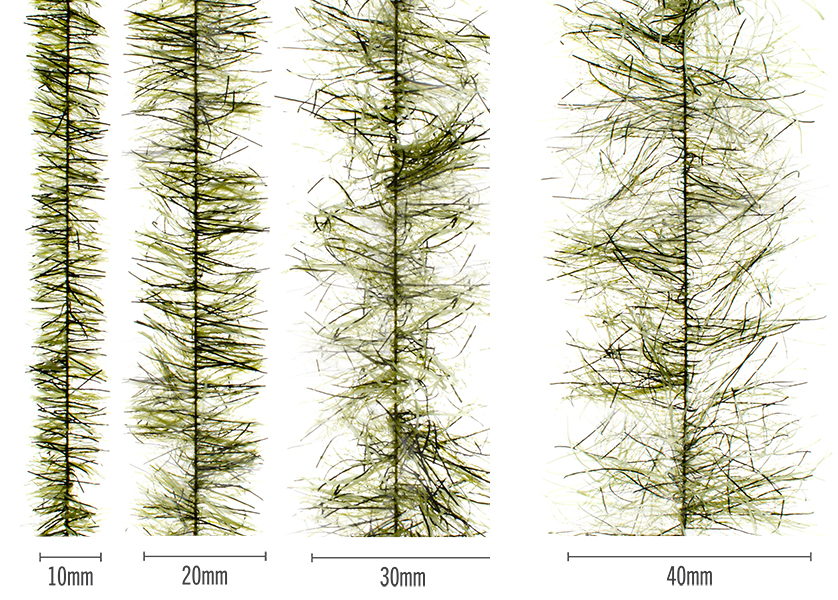 Senyo’s Speckled Chenille (Peppered Satin) – olive mottled fly tying chenille with black pepper fleck, 10mm–40mm size chart