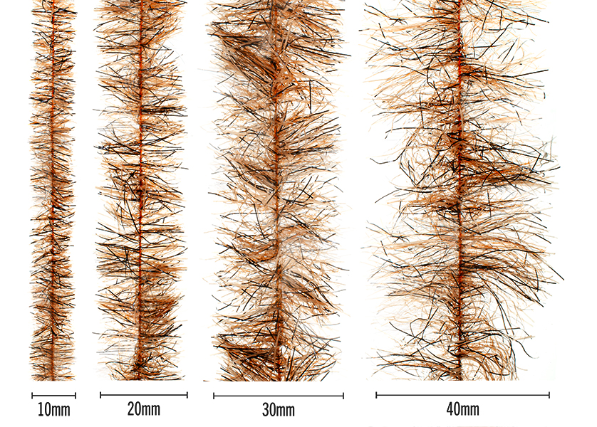 Senyo’s Speckled Chenille (Peppered Satin) – orange/pumpkin fly tying chenille size comparison 10mm, 20mm, 30mm, 40mm