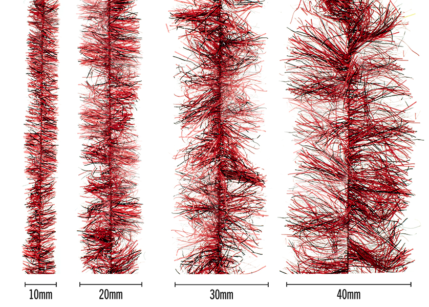 Senyo’s Speckled Chenille (Peppered Satin) – red mottled streamer chenille for fly tying, size chart 10mm, 20mm, 30mm, 40mm