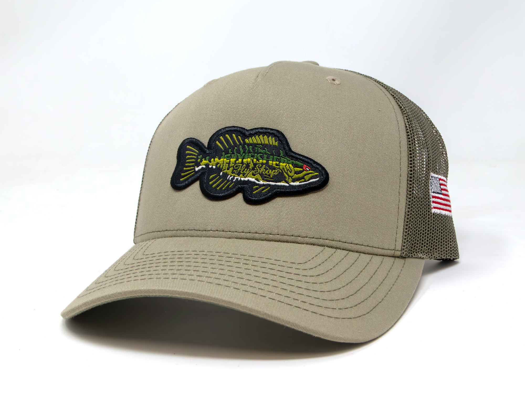Pale Khaki / Loden variation of The Fly Fishers' Bass Patch Shop Trucker Hat