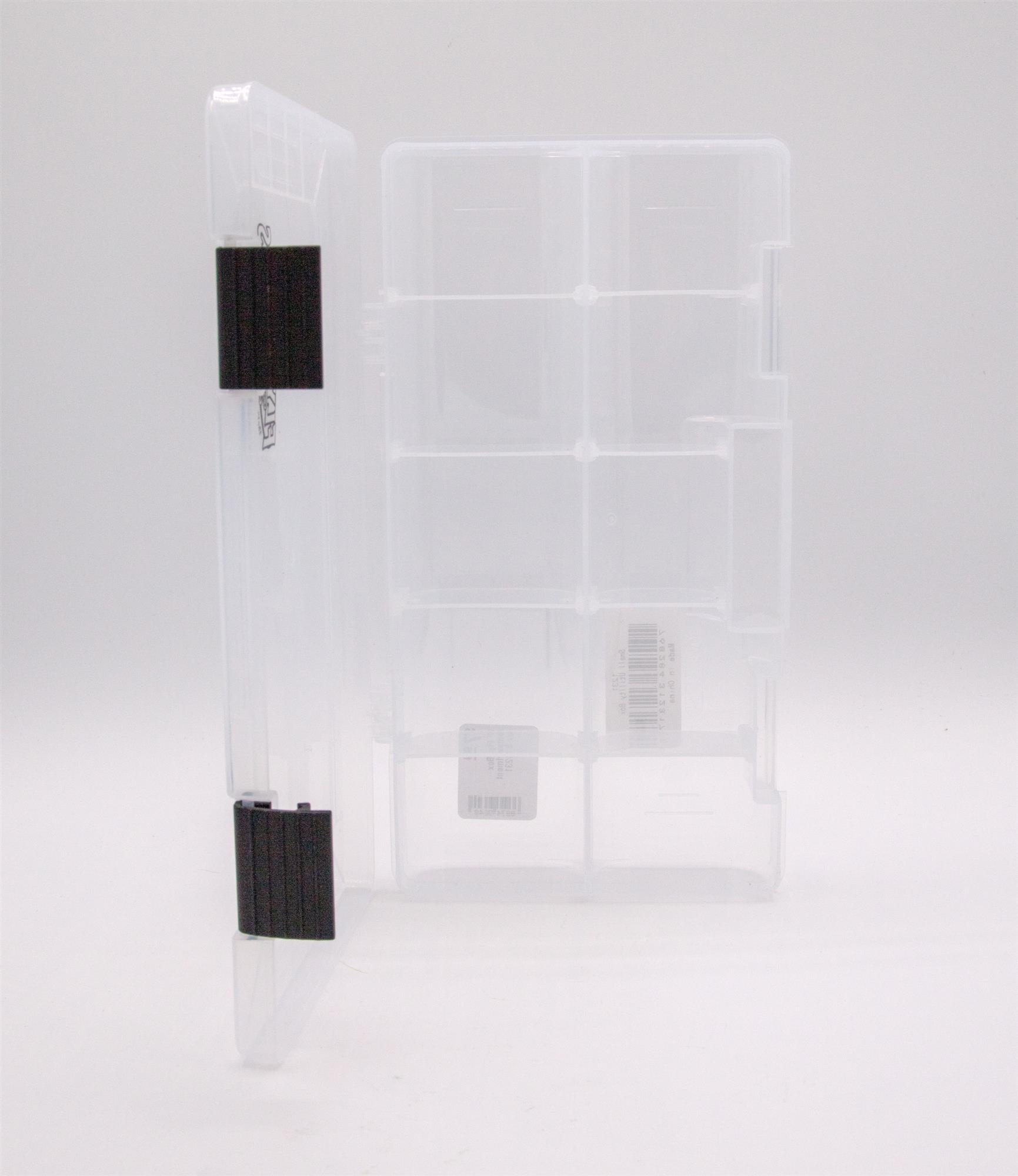 Small clear fly box with adjustable dividers for organizing hooks, beads, flies, and compact fly fishing tackle
