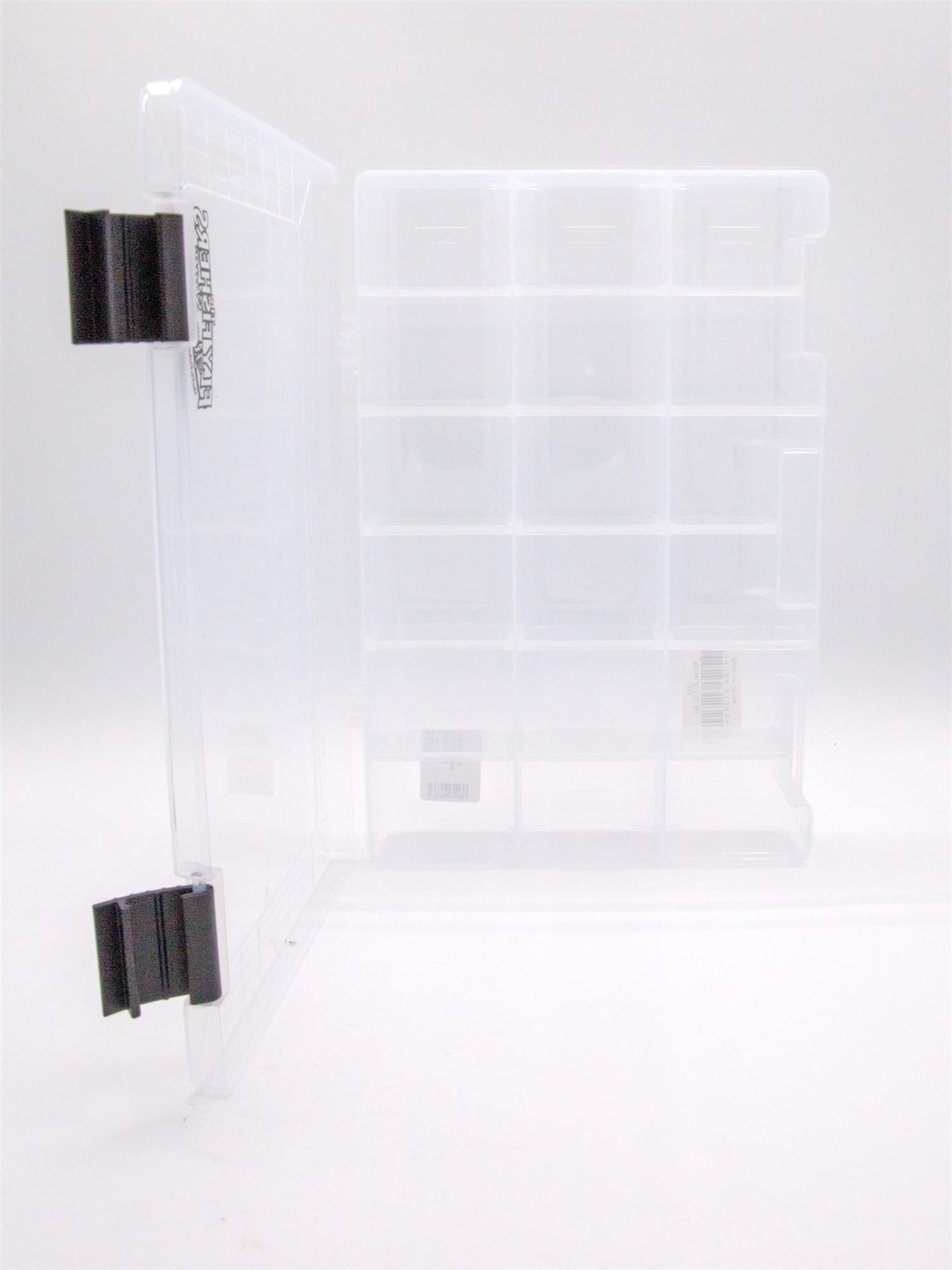 Medium customizable fly box with clear lid and divided compartments for flies, hooks, beads, and tying materials