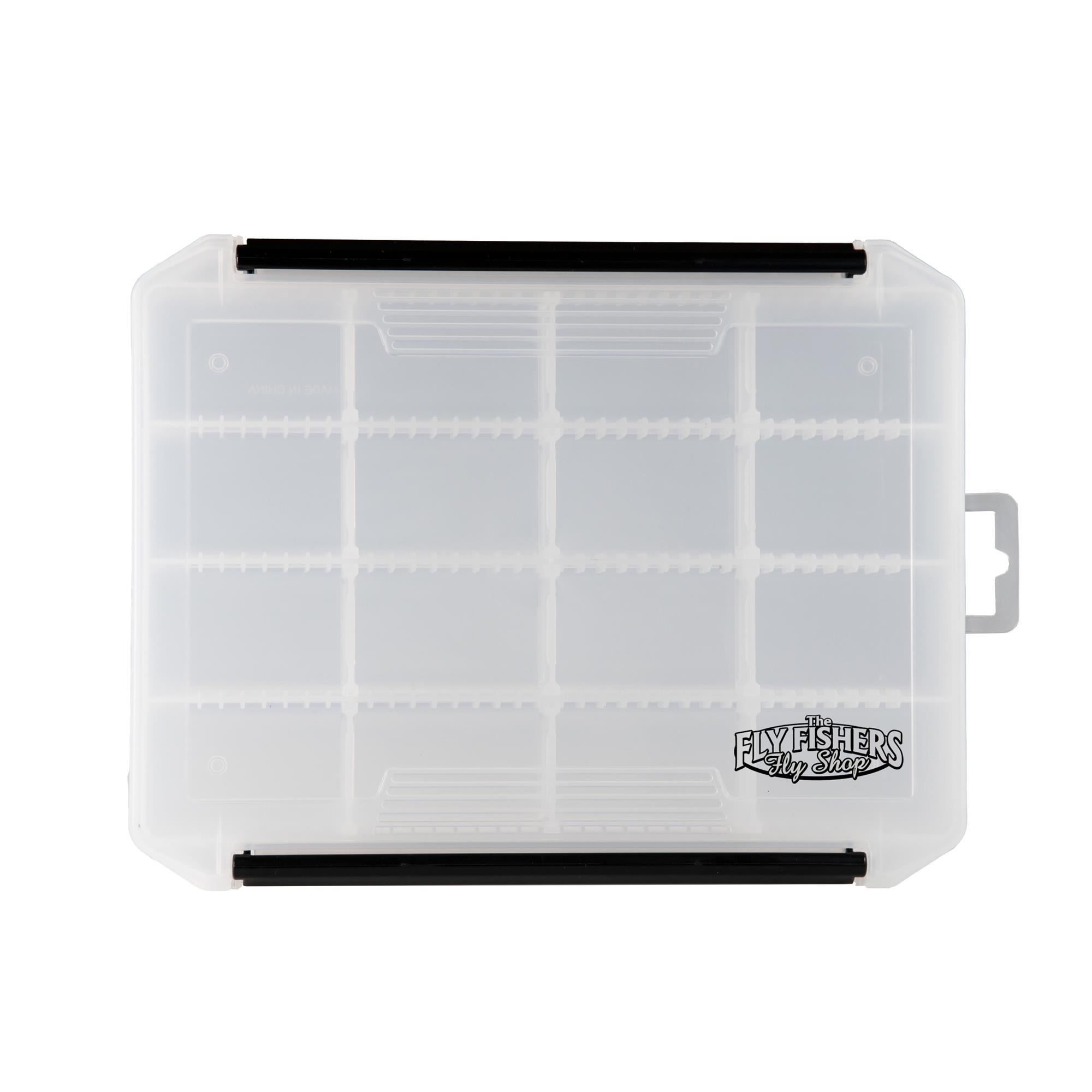 The Fly Fishers FG-1236 adjustable fly box with semi-clear lid and 16 compartments for flies and fishing tackle