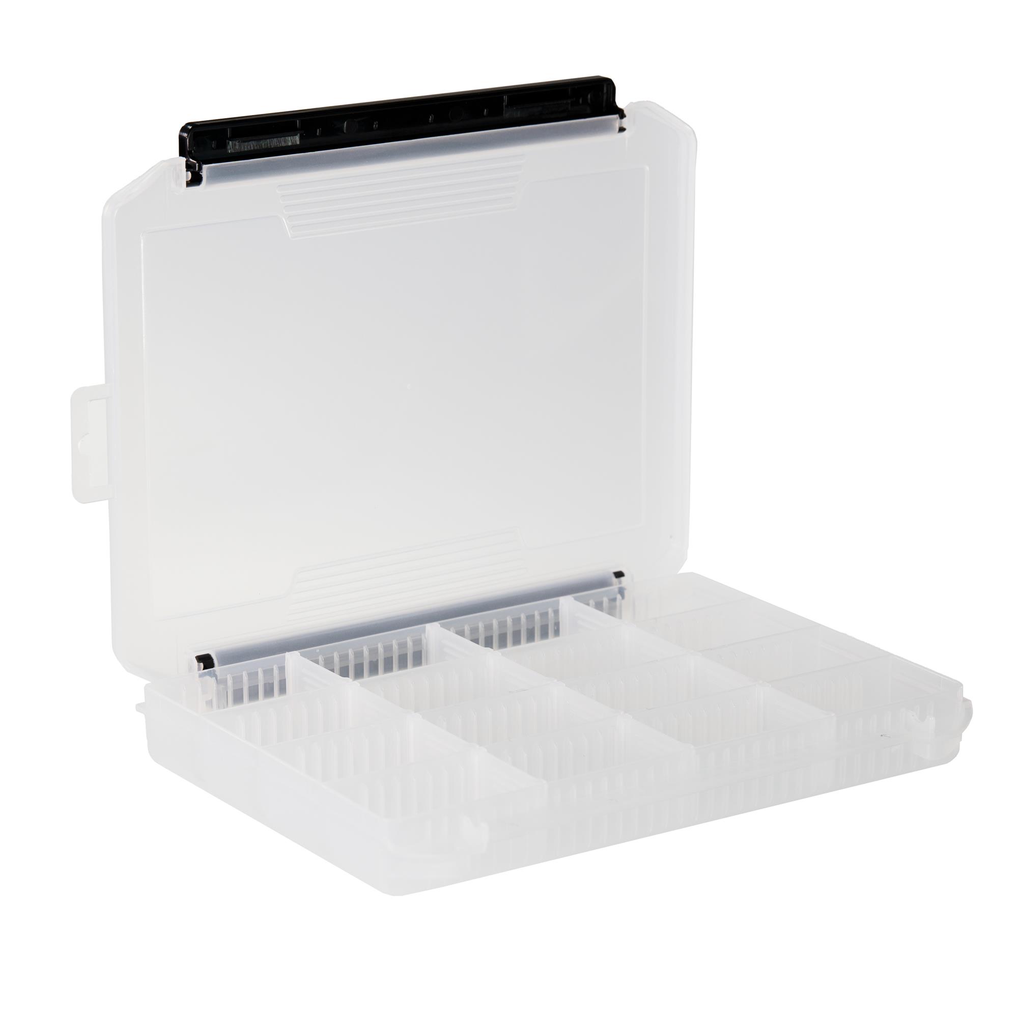 Open The Fly Fishers FG-1236 fly box with 16 customizable compartments and removable dividers for fishing tackle