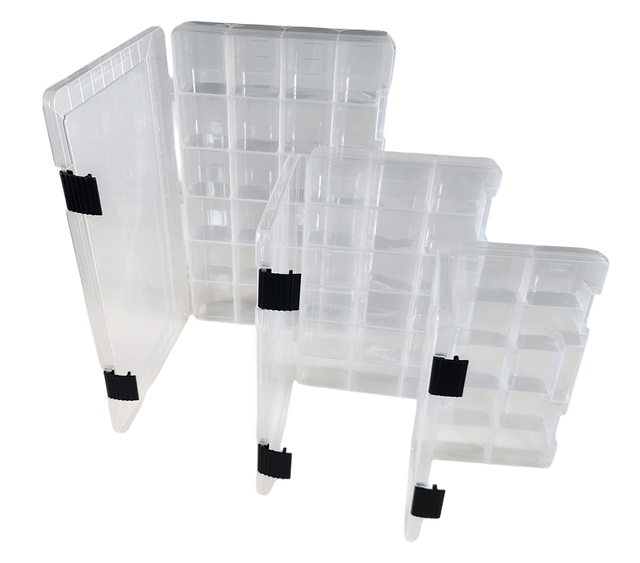 The Fly Fishers multi-compartment fly boxes in three sizes for organized flies, hooks, beads, and fishing tackle