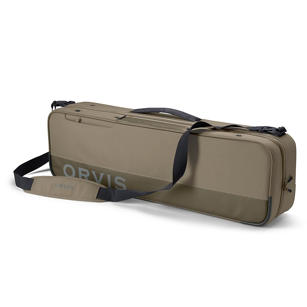 Orvis Carry-It-All fly fishing travel bag in dusty olive with padded shoulder strap and protective rod storage case