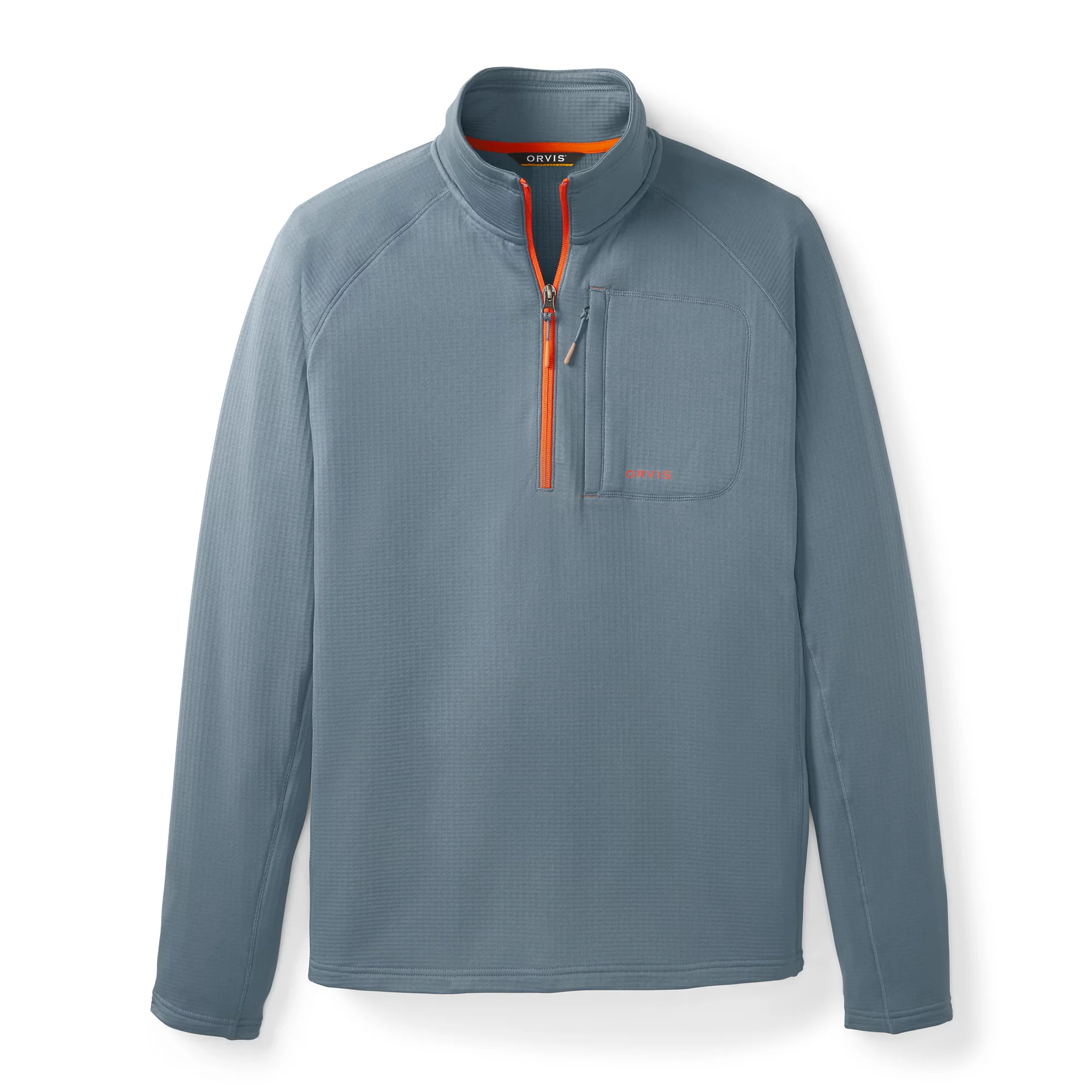 Orvis Horseshoe Hills 1/4 Zip Fleece in blue haze and ember, lightweight men's fishing and hiking fleece pullover
