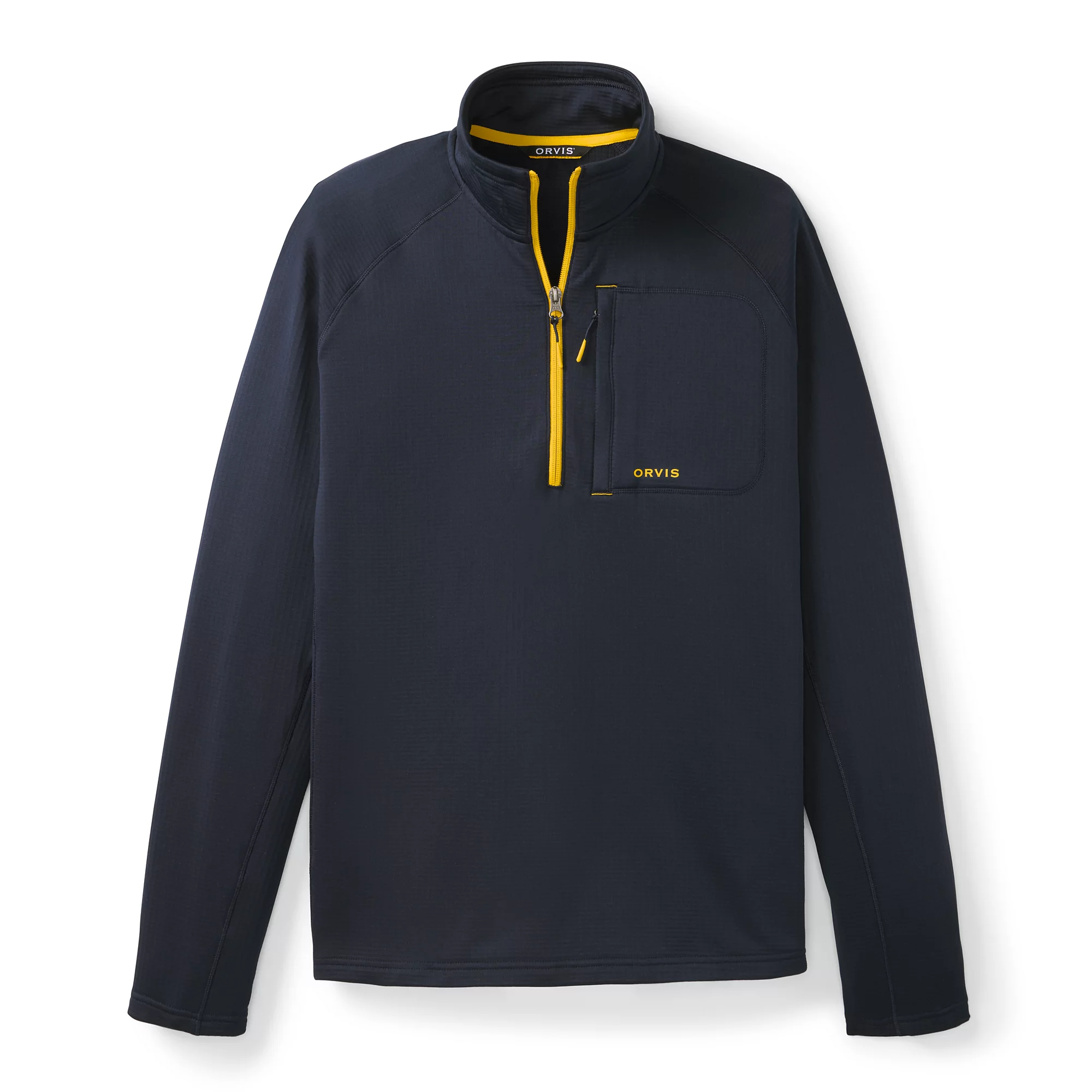 Orvis Horseshoe Hills navy quarter zip fishing fleece with marigold trim and zippered chest pocket for outdoor layering
