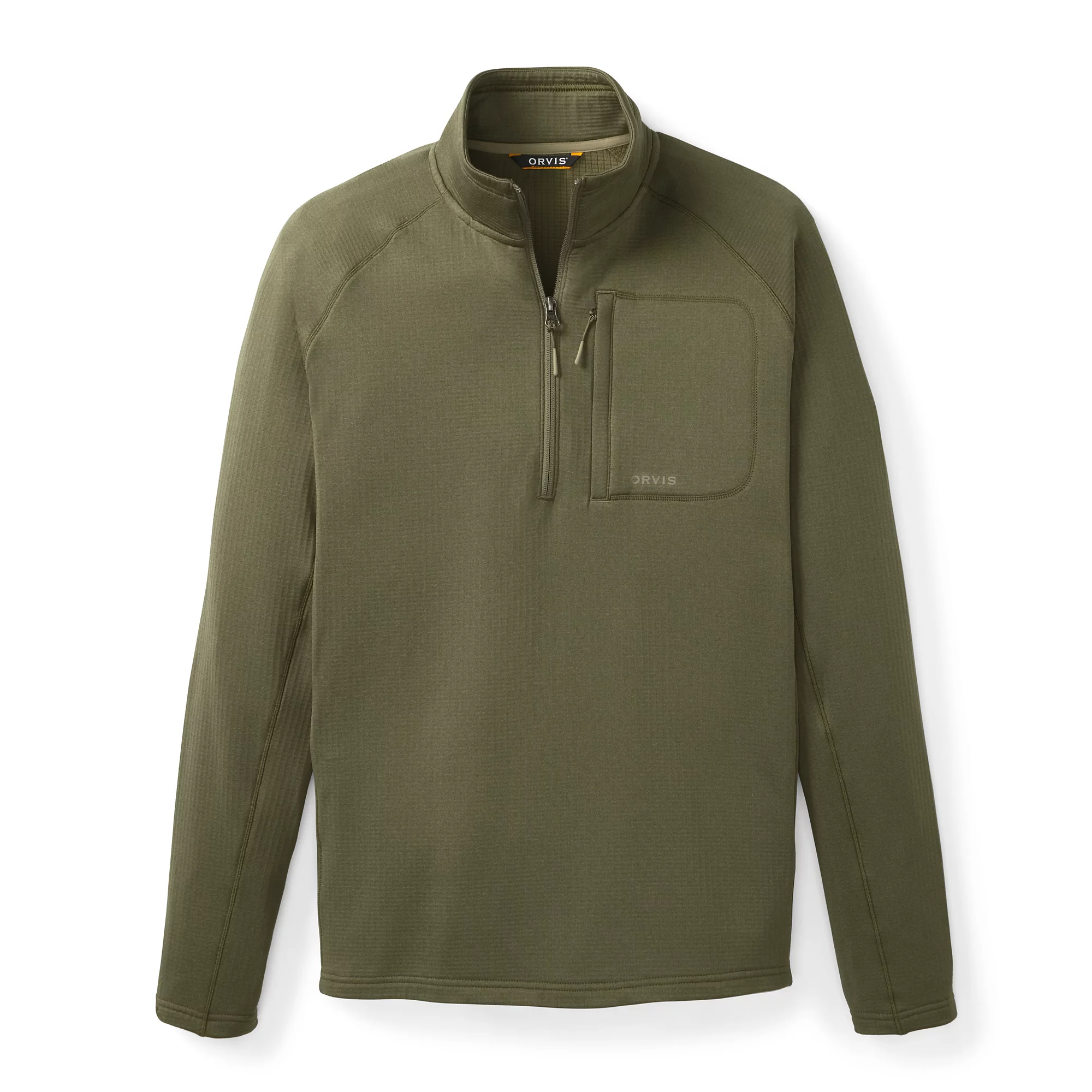 Orvis Horseshoe Hills quarter zip fleece in tarragon sagewood, men's breathable outdoor pullover with zippered chest pocket