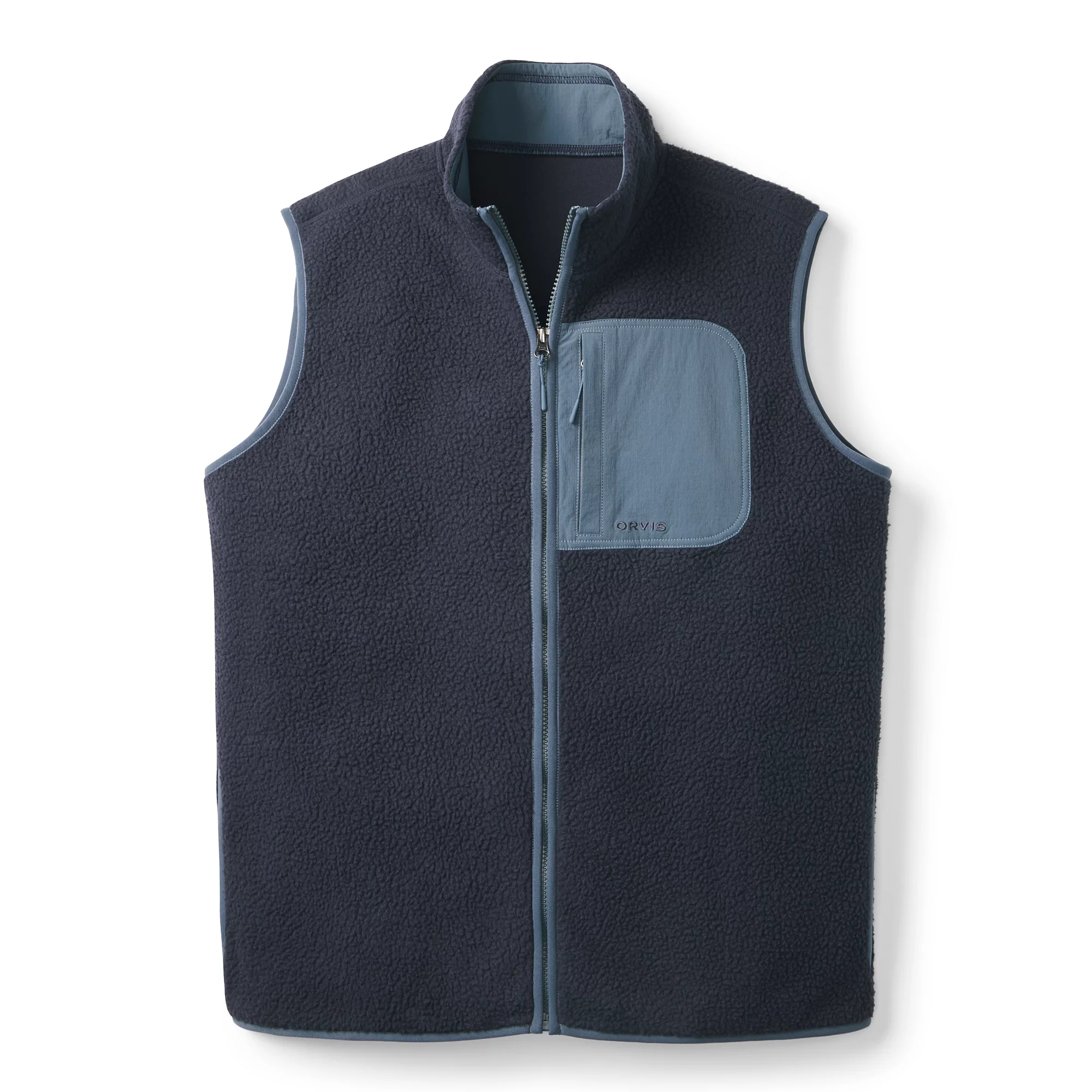 Front view of Orvis Mad River men's sherpa fleece vest in dark navy with blue zippered chest pocket for fishing and camping.