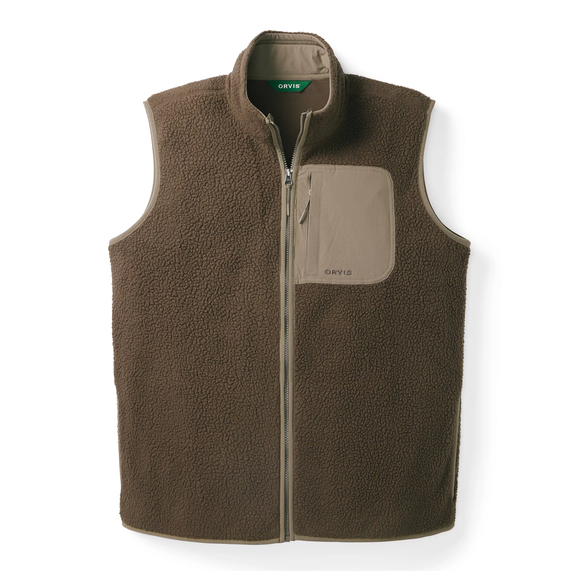 Orvis Mad River men's sherpa fleece vest in espresso brown with mushroom zippered chest pocket and full-zip front.
