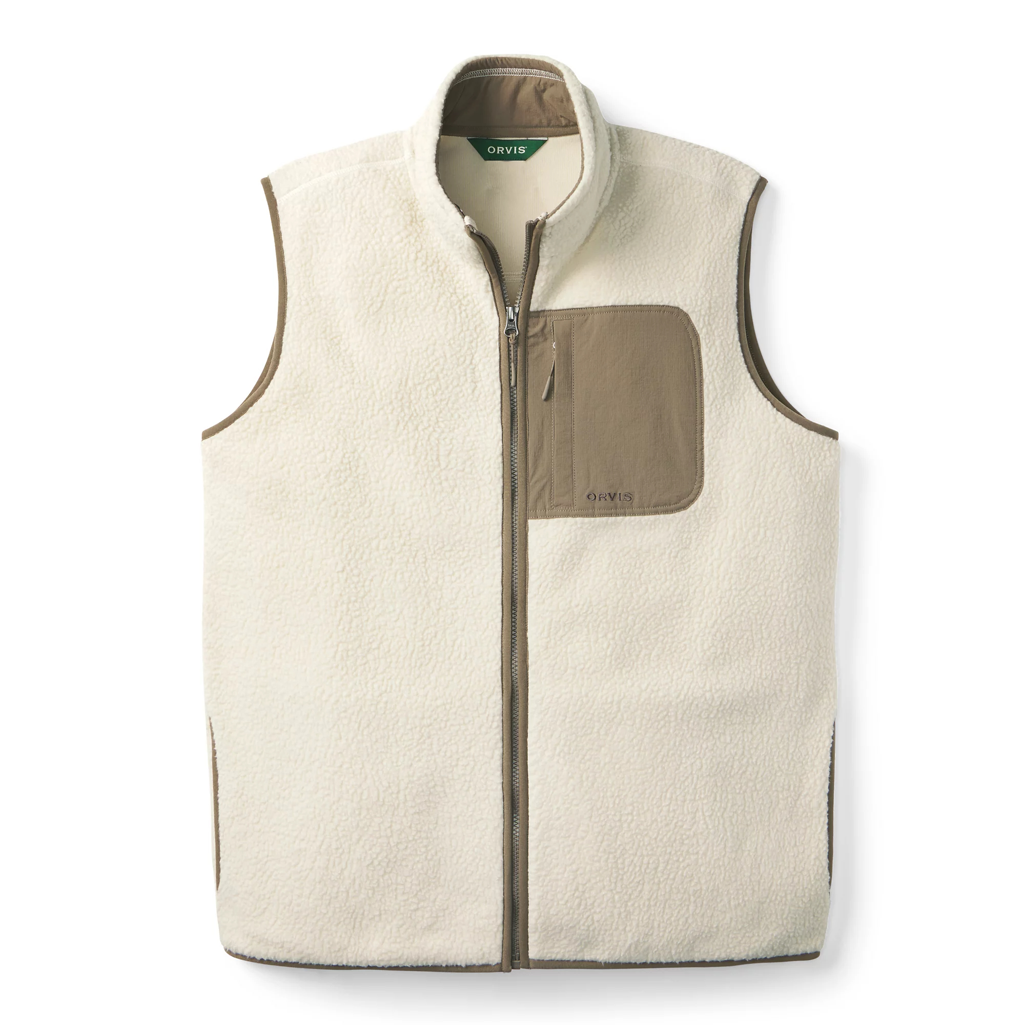Front view of Orvis Mad River men's sherpa fleece vest in pale stone with mushroom zippered chest pocket for outdoor layering.
