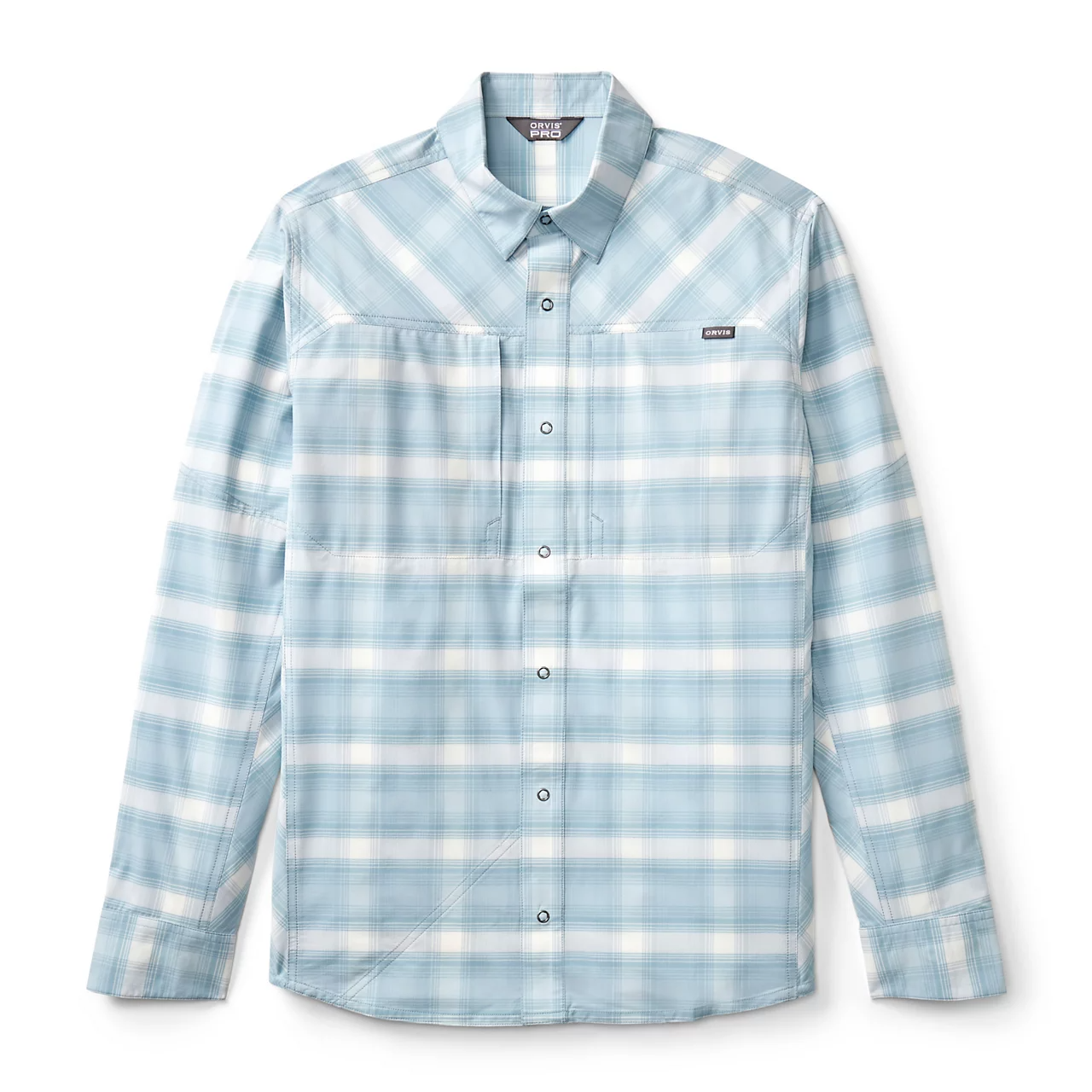 Orvis PRO stretch long sleeve shirt blue plaid lightweight UPF 50 fishing shirt for summer fly fishing