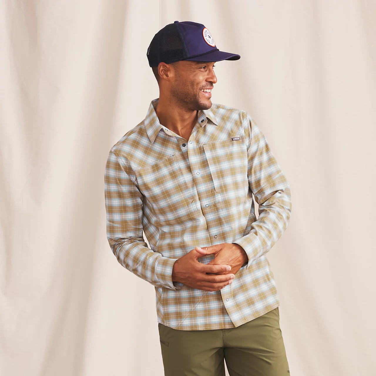 Orvis PRO stretch fishing shirt front view lightweight sun protection plaid outdoor shirt