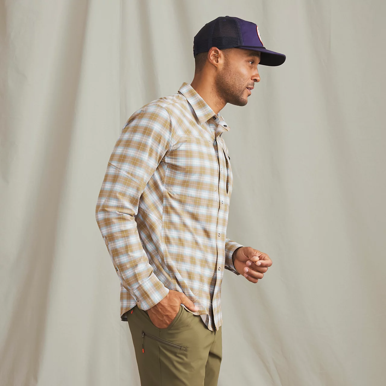 Orvis PRO stretch shirt side profile showing mobility and fit lightweight fishing apparel men