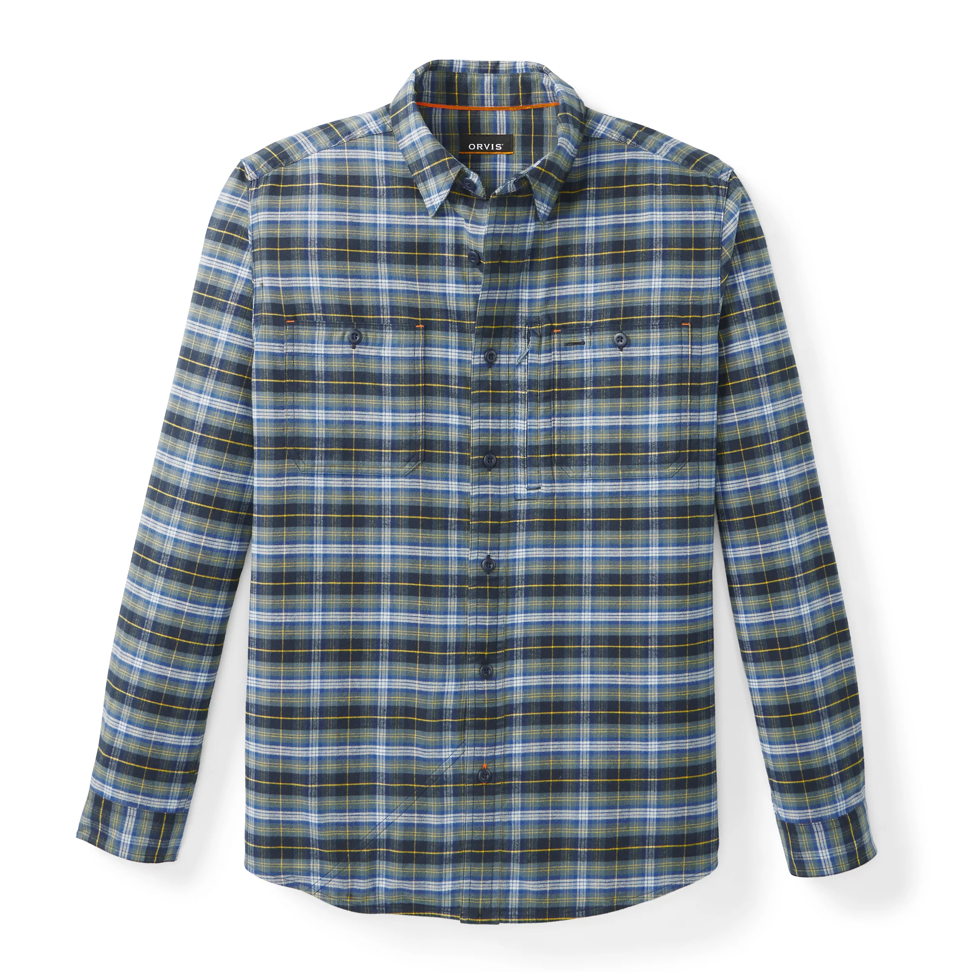 Men's blue plaid Orvis Flat Creek Tech Flannel fishing shirt for camping, hiking, and outdoor layering.