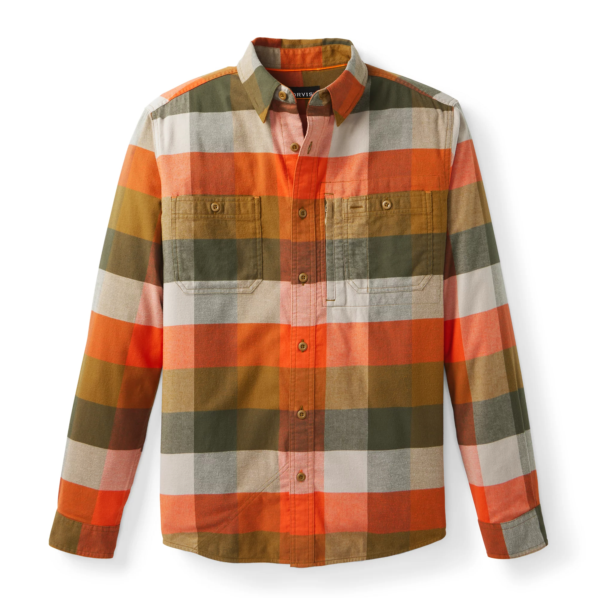 Orvis Flat Creek Tech Flannel in Field Khaki Squares plaid with orange, olive green, and cream checks.
