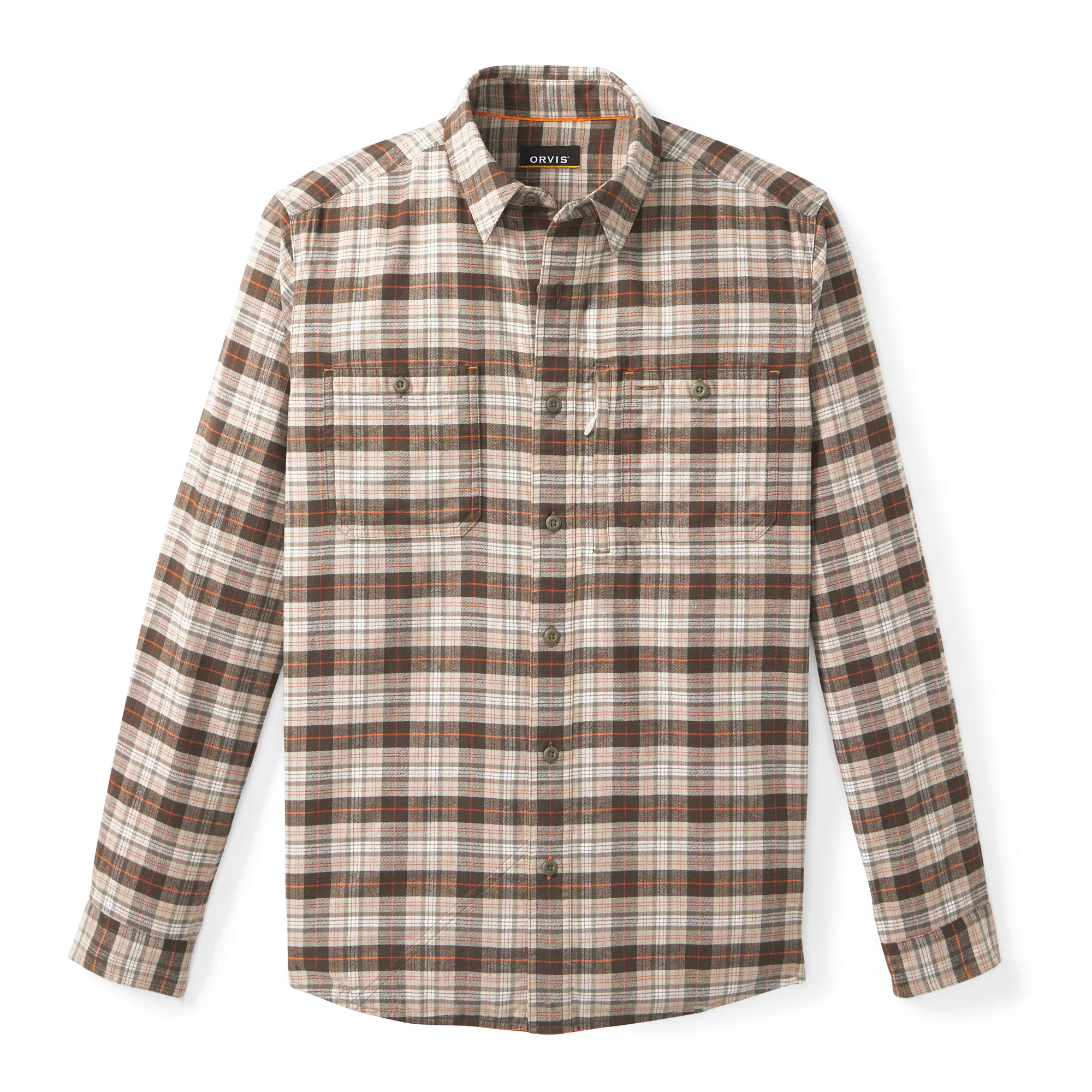 Men's brown plaid Orvis Flat Creek Tech Flannel long-sleeve fishing and camping shirt with buttoned chest pockets.