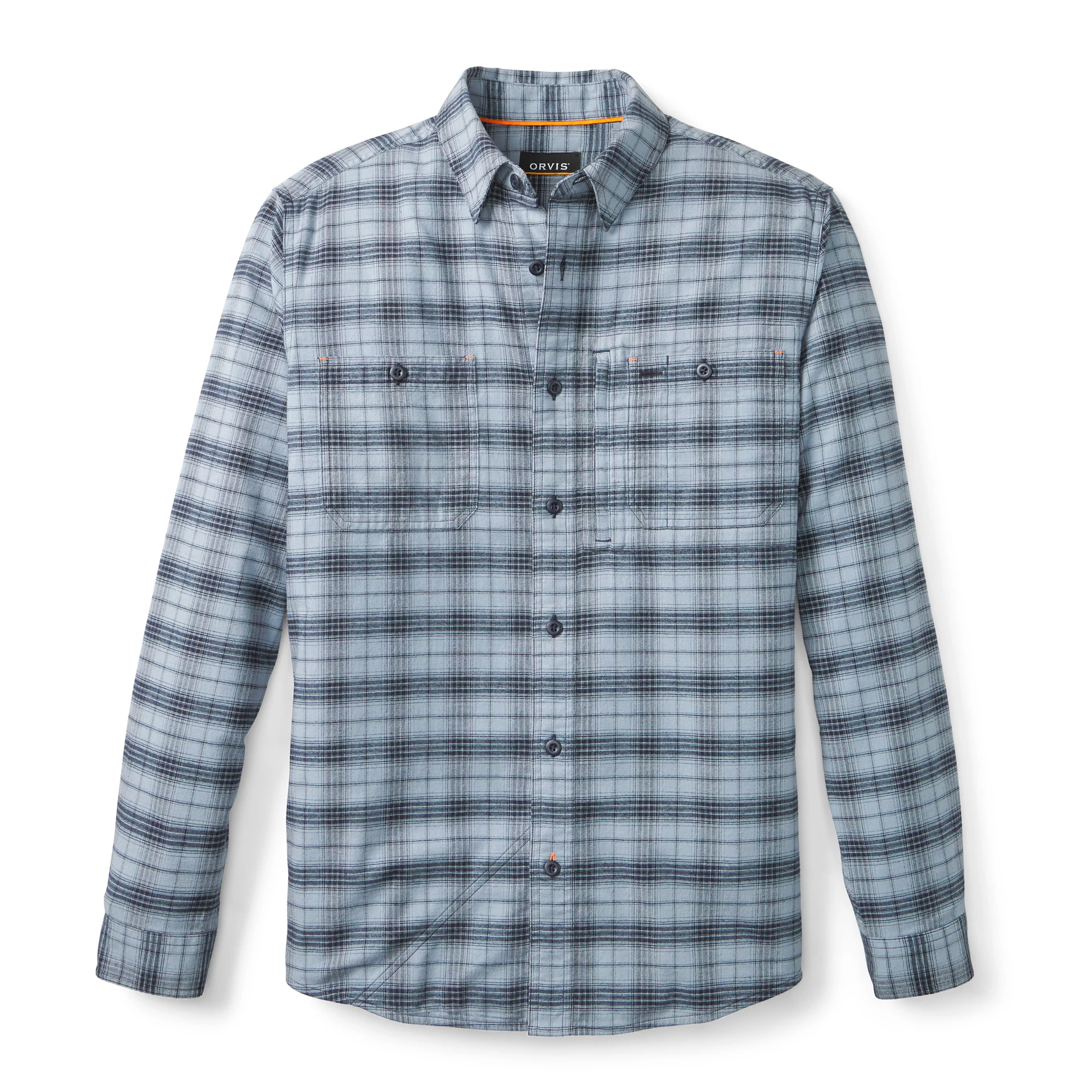 Men's light blue plaid Orvis Flat Creek Tech Flannel shirt for everyday outdoor wear, fly fishing, and camping.