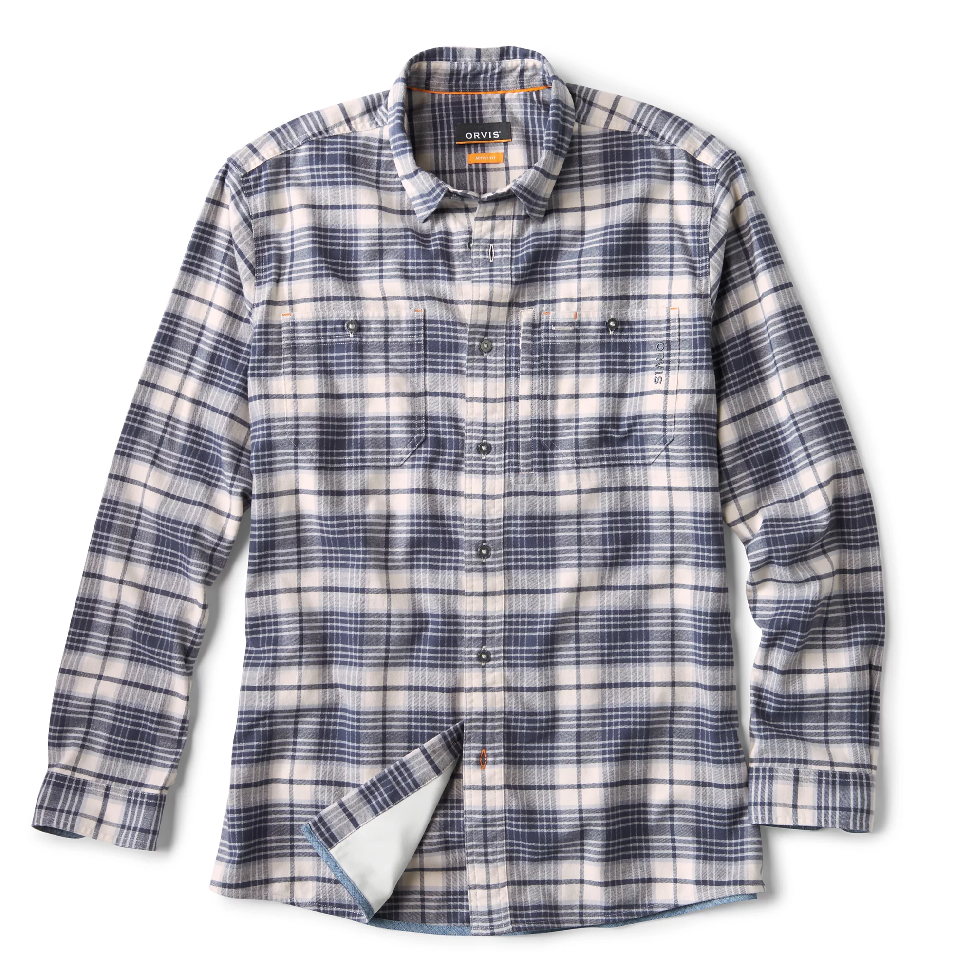 Men's Orvis Flat Creek Tech Flannel outdoor shirt in white and blue plaid with hidden hem sunglasses cloth.