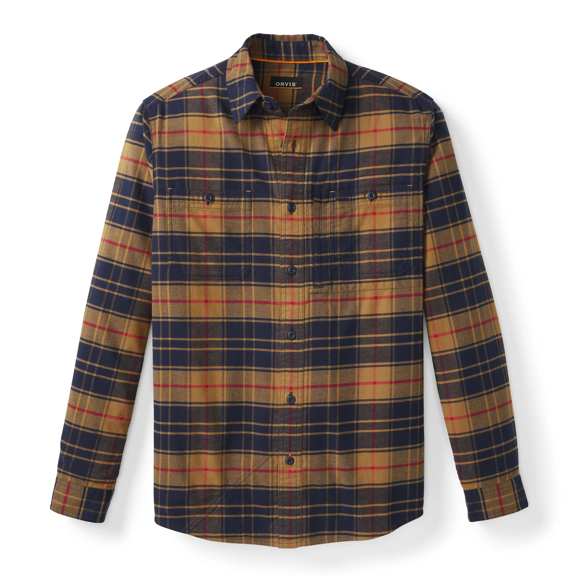 Men's tan and navy plaid Orvis Flat Creek Tech Flannel fishing shirt with long sleeves and dual chest pockets.
