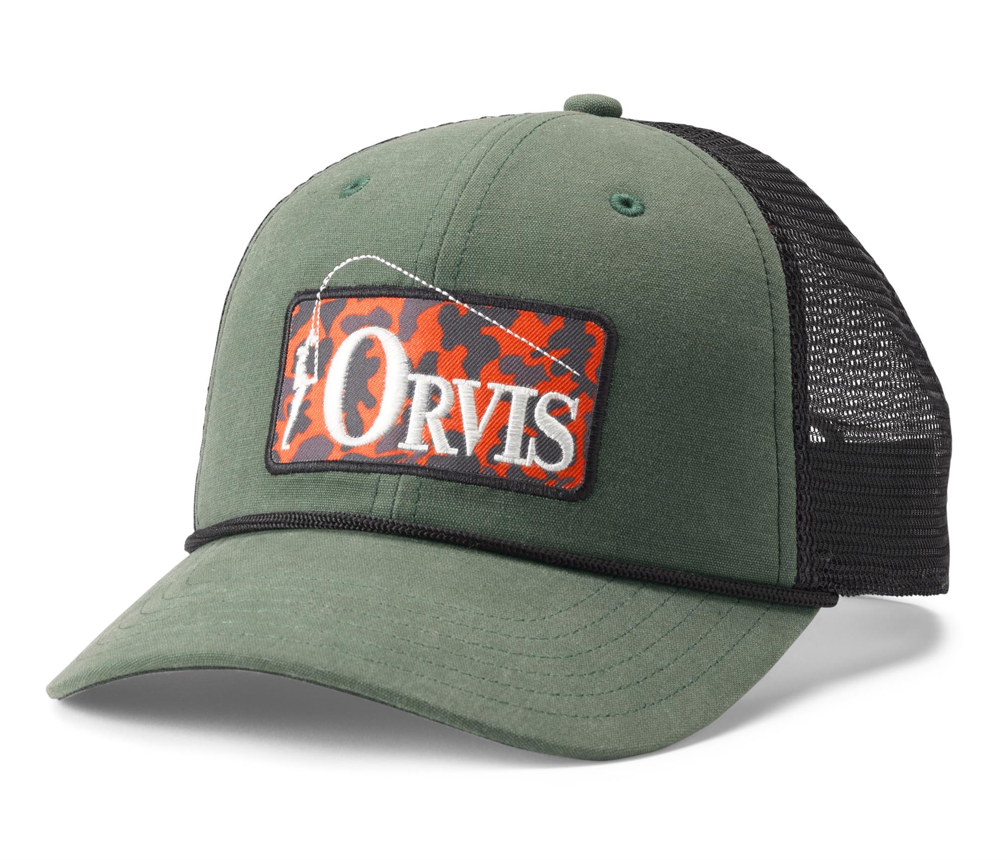 Orvis Camo Bent Rod Trucker Hat is a classic fly fishing trucker hat for sale online.