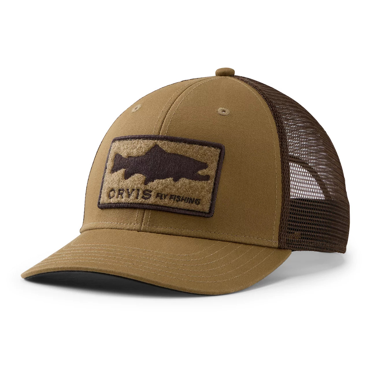 Orvis Covert Fish Cotton Trucker Hat Field Khaki with brown trout fly patch and breathable mesh back