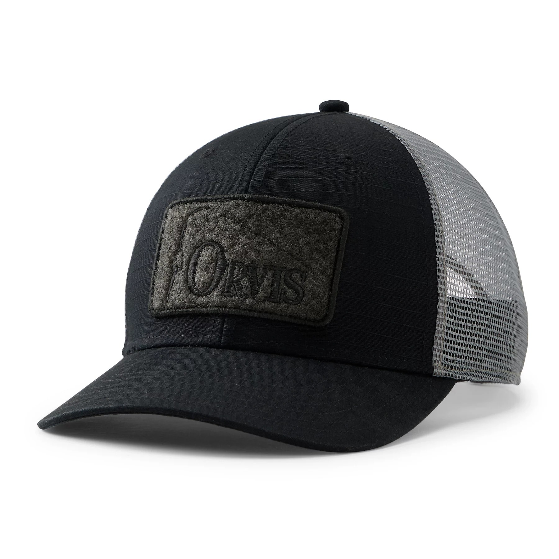 Orvis Ripstop Covert Trucker Hat Black Slate fly fishing cap with durable ripstop front, Orvis patch and grey mesh back