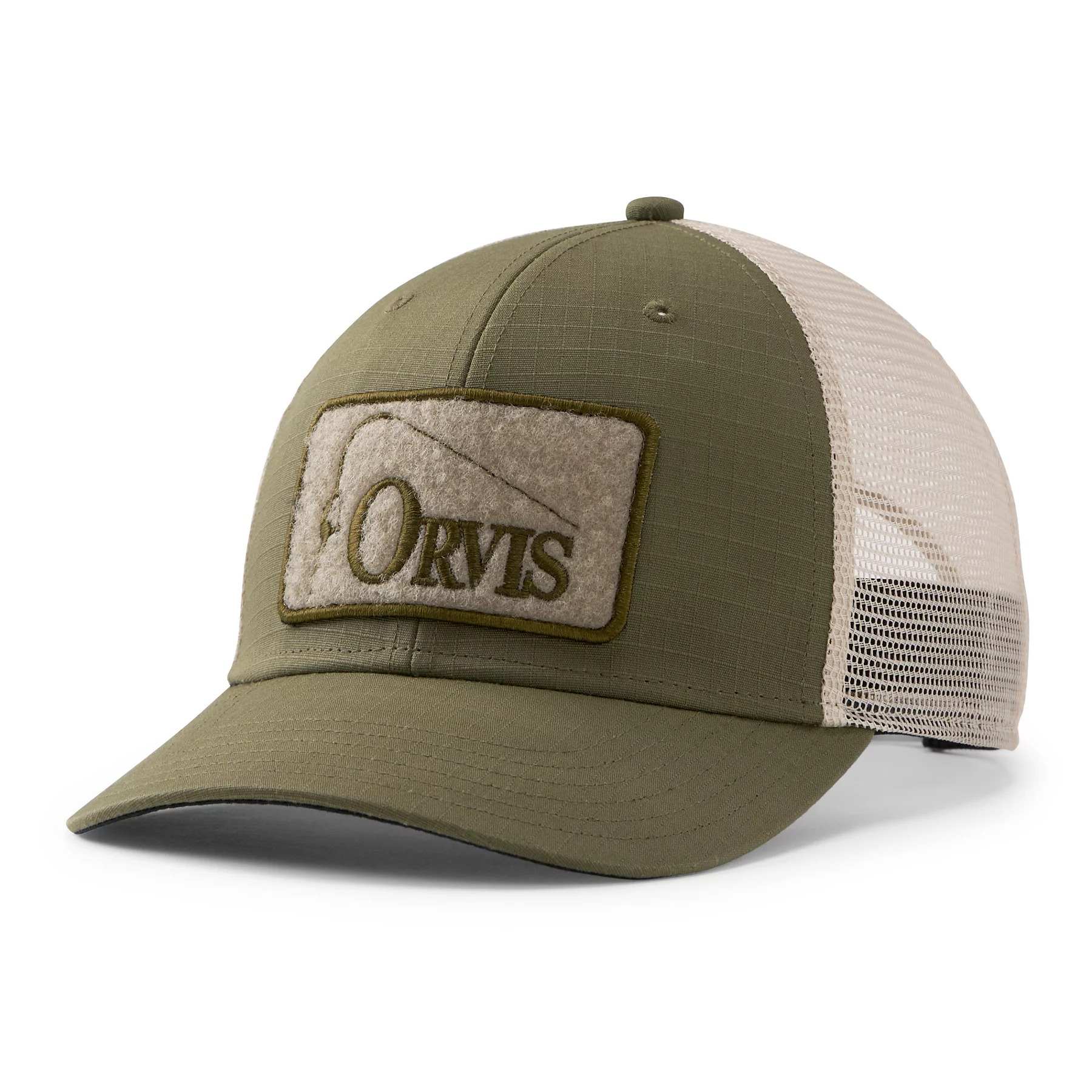 Orvis Ripstop Covert Trucker Hat Tarragon olive green fishing cap with Orvis logo patch and breathable mesh back