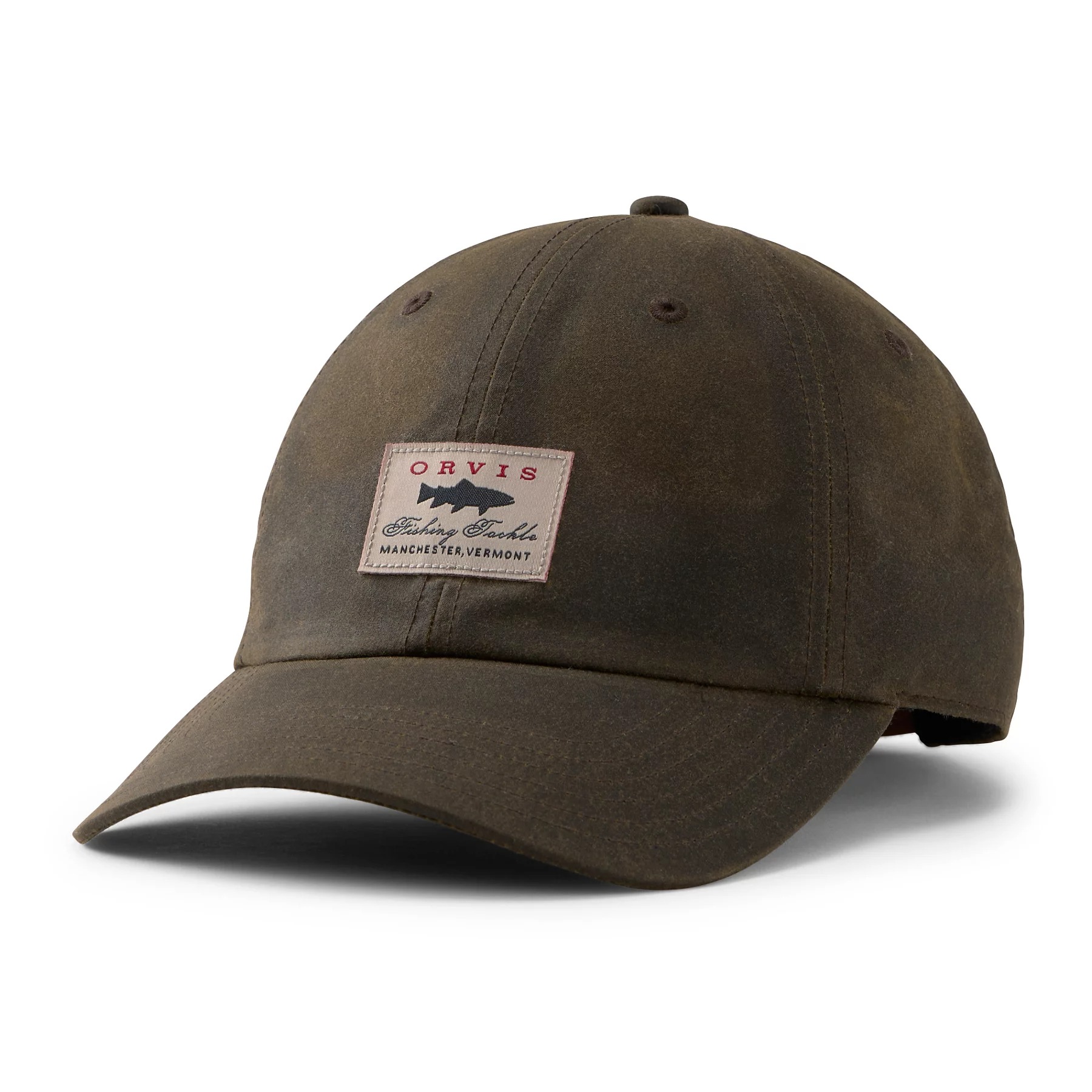 Orvis Vintage Waxed Cotton Ball Cap Espresso weather-resistant fishing hat with durable waxed cotton and heritage trout patch