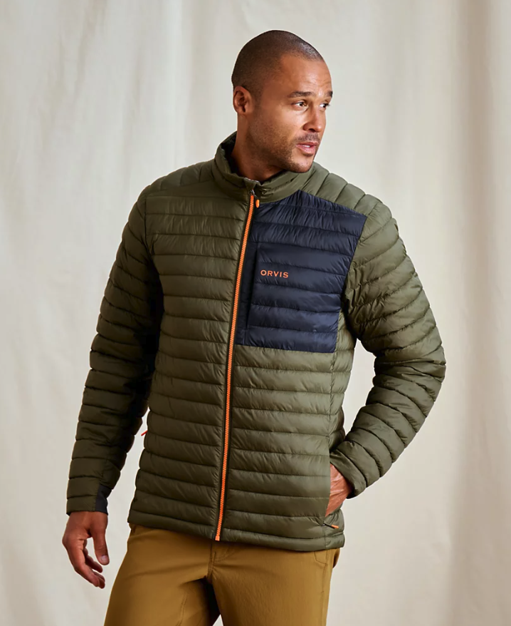 Model wearing Orvis Drift Insulated Jacket Tarragon color
