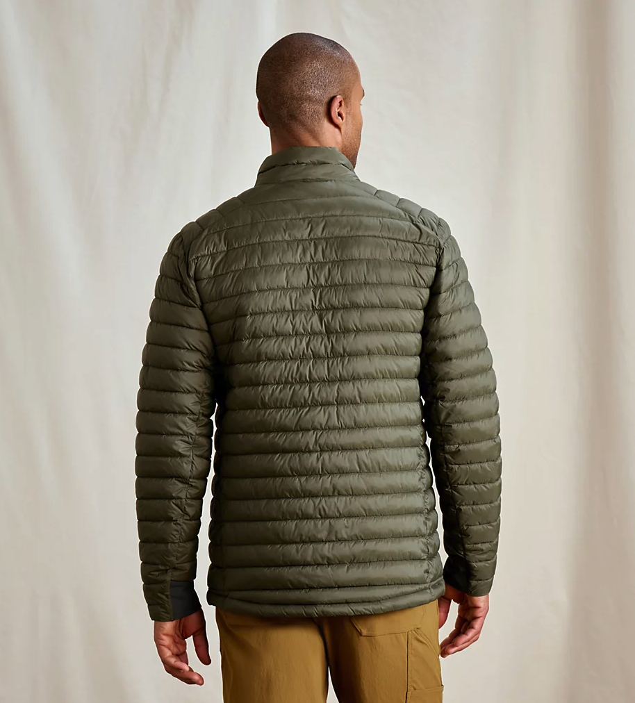 Back of model wearing Orvis Drift Insulated Jacket Tarragon color