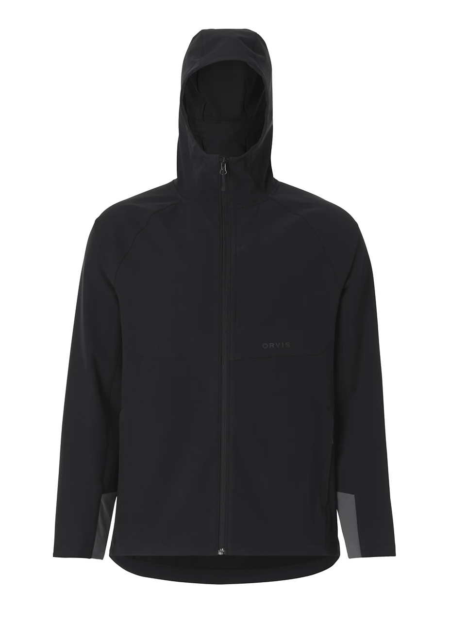 Front of black color Orvis PRO LT Softshell Hoodie