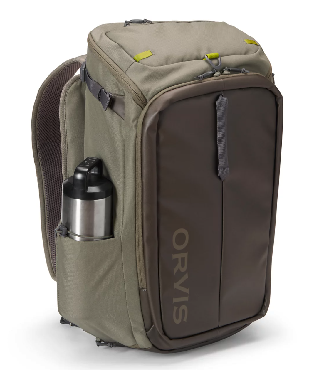 Orvis Bug-Out Backpack Dusty Olive with water bottle in pocket.