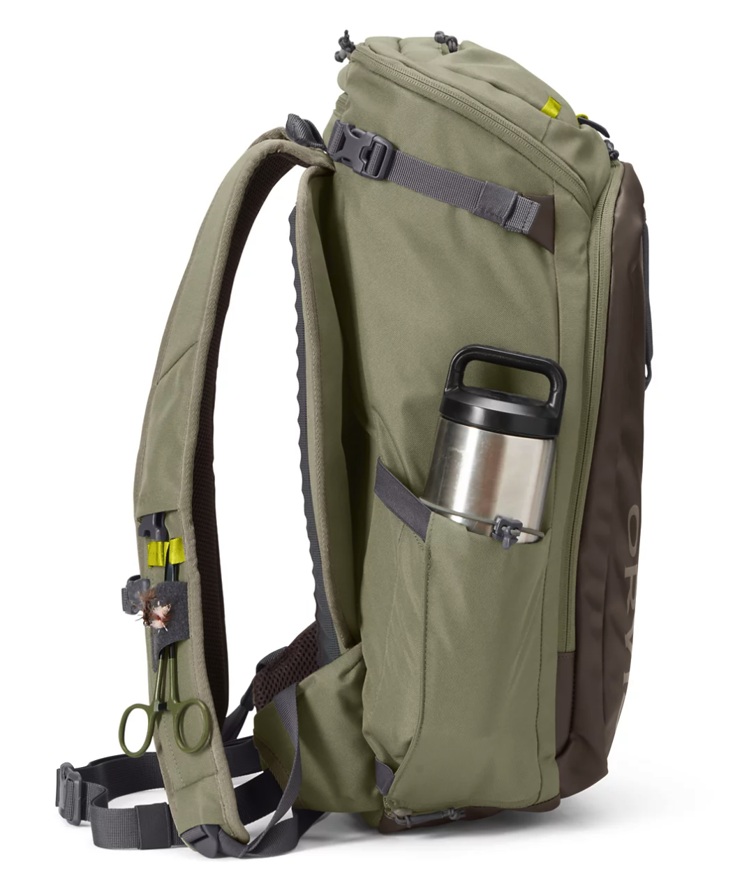 Side view of water bottle in  Orvis Bug-Out Backpack Dusty Olive