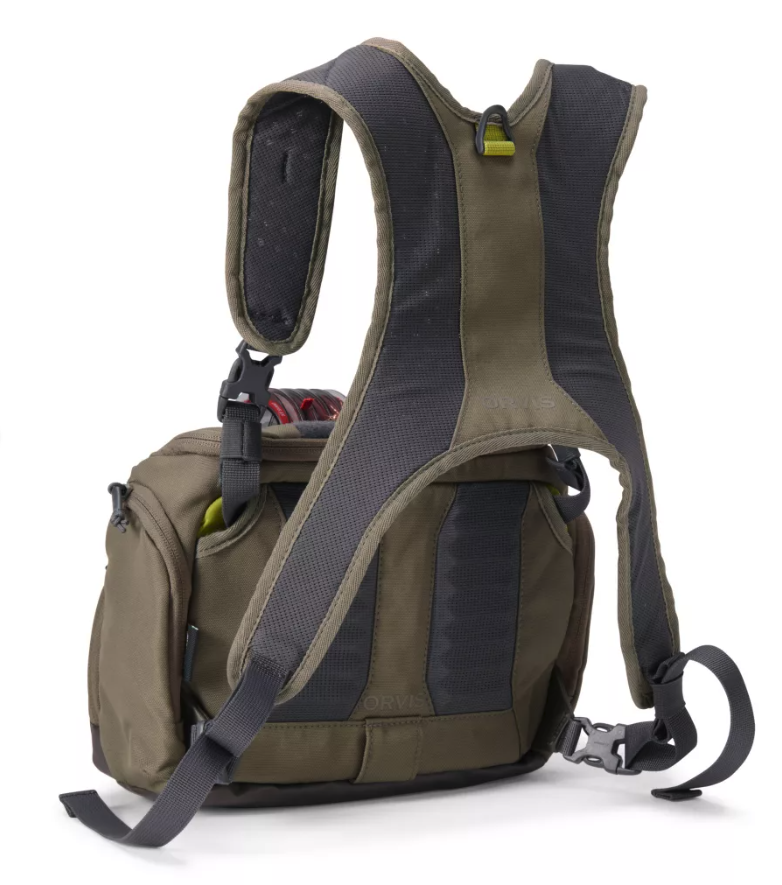 Rear view of straps on Orvis Chest Pack Dusty Olive color.