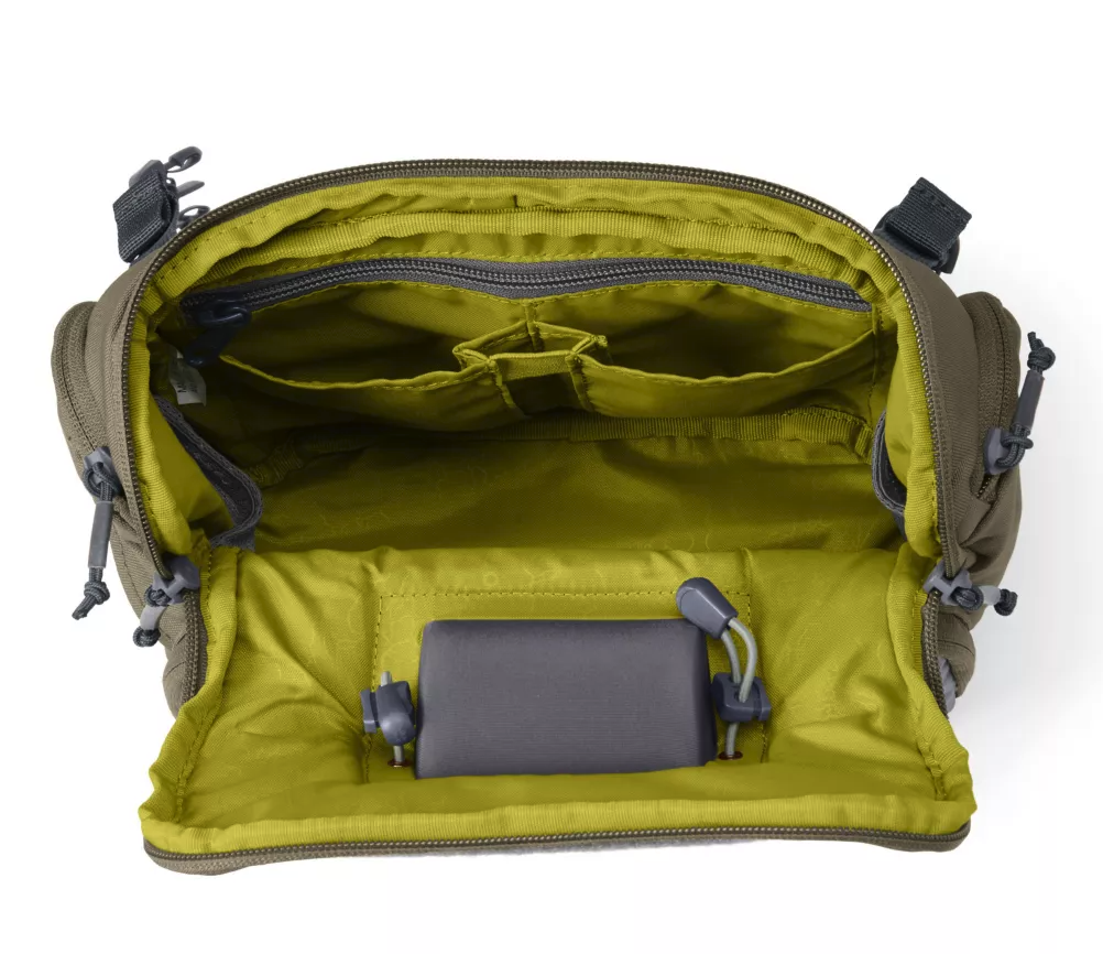Orvis Chest Pack Dusty Olive color open main compartment.