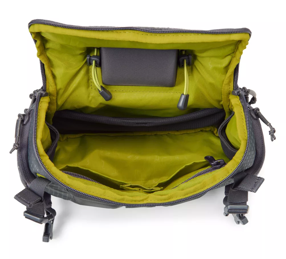 Orvis Chest Pack steel camo color open main compartment.