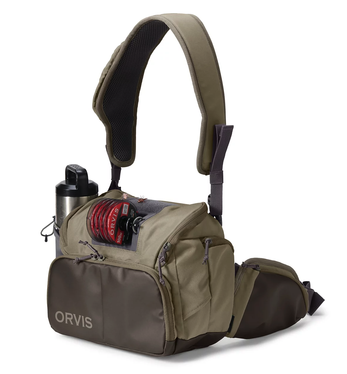 Front of Orvis Guide Hip Pack Dusty Olive color with tippet spools