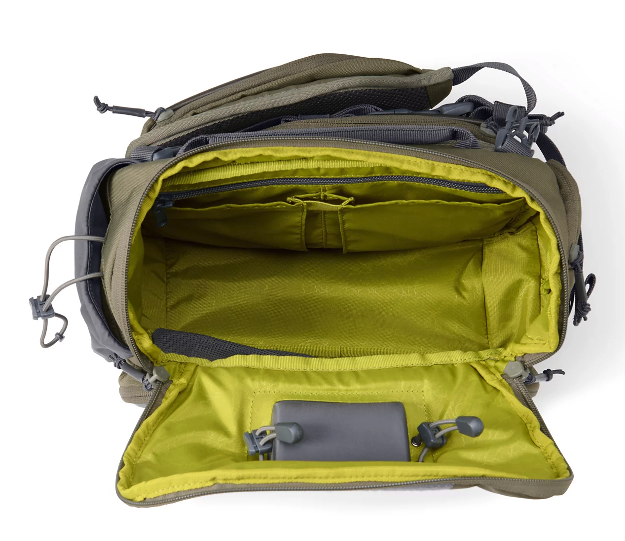 Top view of open Orvis Guide Hip Pack Dusty Olive