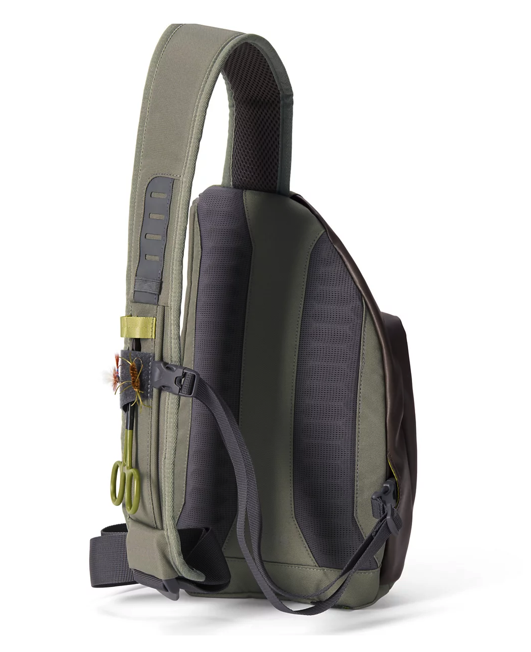 Strap view of  Orvis Mini Sling Pack Dusty Olive with flies on patch