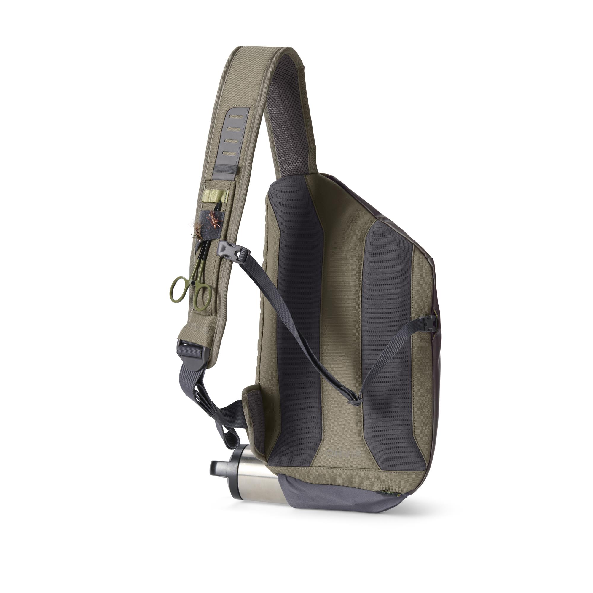 Back side of Orvis Sling Pack in dusty olive