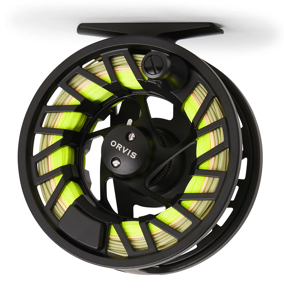 Front side view of black Orvis Clearwater Fly Reel with fly line