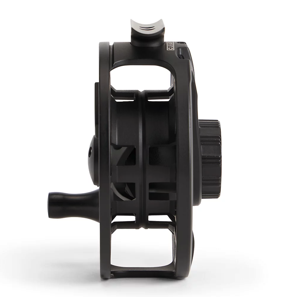 Side profile view of empty black Orvis Clearwater Fly Reel